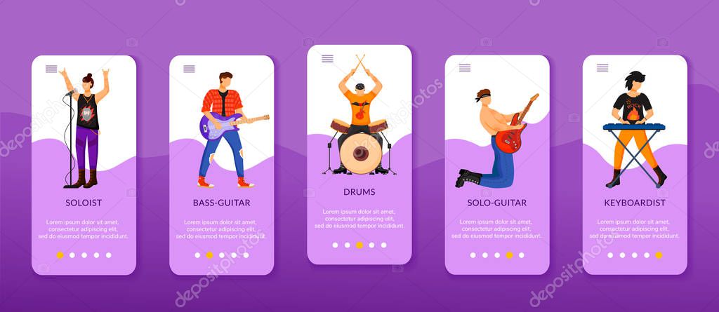 Rock musicians onboarding mobile app screen vector template. Soloist, guitar, drums, keyboardist. Walkthrough website steps with flat characters. UX, UI, GUI smartphone cartoon interface concept