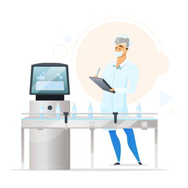 Kozmetik üretimi düz renk vektör çizimi. Erkek üretim bandı yöneticisi. Kalite kontrolü. Şişeler taşıyıcıda. Fabrika işçisi. Beyaz arkaplanda izole edilmiş çizgi film karakteri