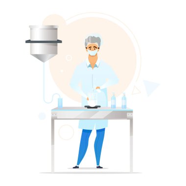 Kimyager düz renk vektör çizimi. Kozmetik endüstrisi. Laboratuvardaki adam. Güzellik çözümü geliştirme. Laboratuvar çalışanı. Maddeleri karıştıran adam. Beyaz arkaplanda izole edilmiş çizgi film karakteri