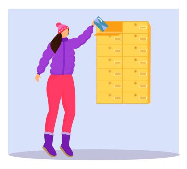 Woman in winter clothes receives letter flat color vector illustration. Getting post from mailbox. Delivery services. Taking card from personal postbox isolated cartoon character on blue background clipart