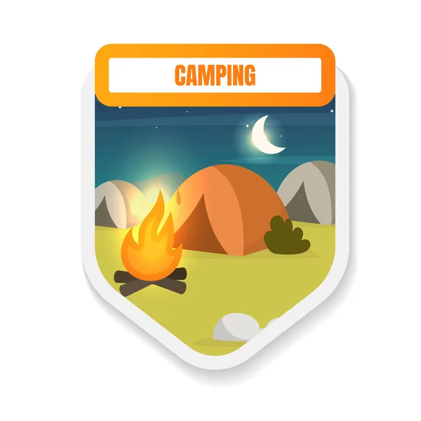 Camping flat color vector badge. Overnight stay in woods. Campfire and tents. Tourism, adventure. Camp site in forest. Hiking graphic sticker. Expedition isolated cartoon design element — Stock Vector