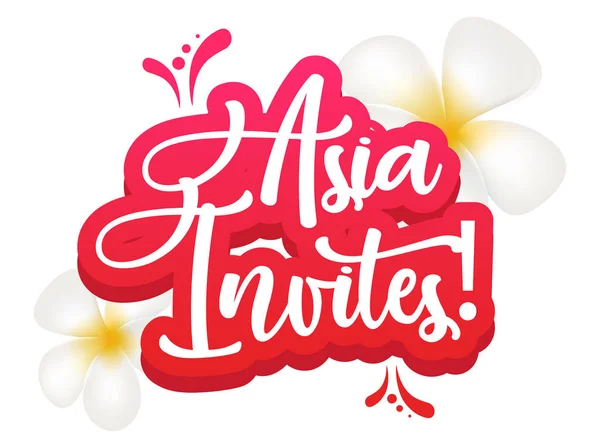 Asien bjuder in platt affisch vektor mall. Exotiskt land. Turism. Tropiska länder. Banner, broschyr sida, broschyr design layout med text. Klistermärke med kalligrafiska bokstäver och plumeria — Stock vektor