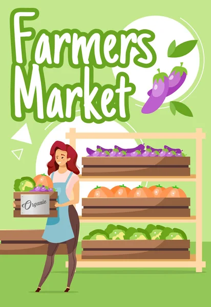 Çiftçi pazarı poster şablonu. Organik sebze üretimi. Çiftçilik. Broşür, kapak, düz resimli broşür sayfası tasarımı. Reklam broşürü, broşür, afiş tasarımı fikri — Stok Vektör