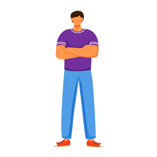 Man standing flat color vector illustration (em inglês). Menino vestindo jeans, camiseta violeta e treinadores vermelhos. Figura masculina de pé com braços cruzados personagem de desenho animado isolado no fundo branco —  Vetores de Stock