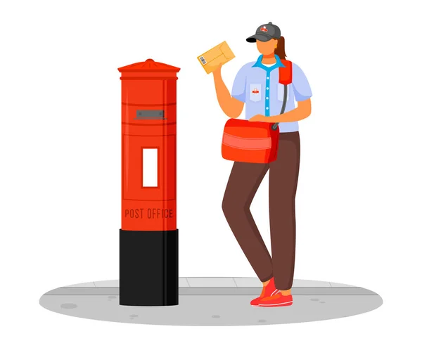 Post office female worker flat color vector illustration. Woman with parcels. Post service delivery. Woman in postal uniform and with bag isolated cartoon character on white background — 스톡 벡터