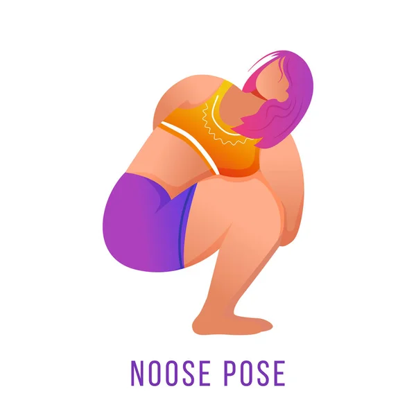 Noose pose ilustração vetorial plana. Postura Pasasana. Mulher branca fazendo ioga em roupas esportivas laranja e roxo. Treino, fitness. Exercício físico. Personagem de desenho animado isolado no fundo branco — Vetor de Stock