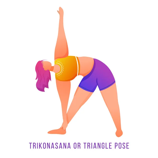 Trikonasana flat vector illustration. Triangle pose. Caucausian woman doing yoga in orange and purple sportswear. Workout, fitness. Physical exercise. Isolated cartoon character on white background — 스톡 벡터