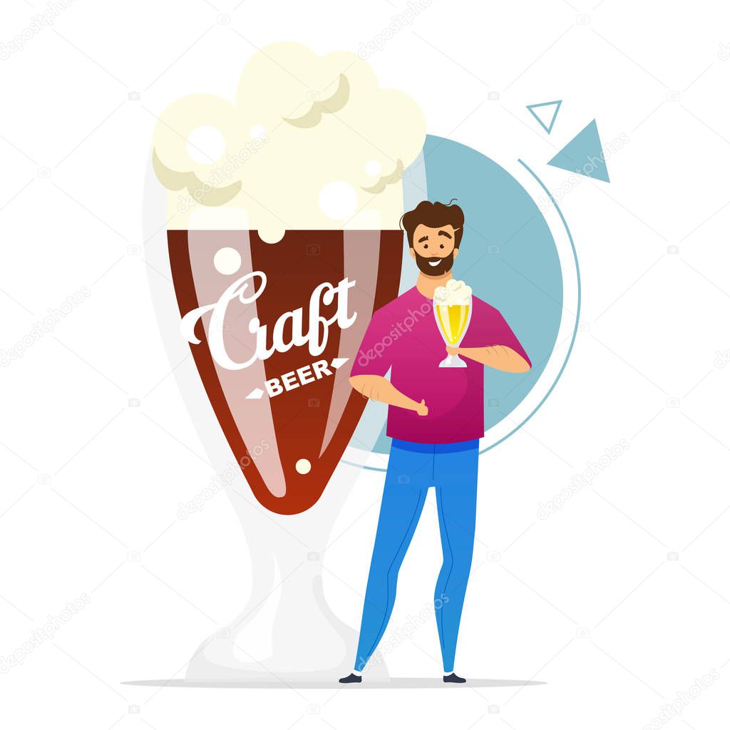 Craft beer consumer flat color vector illustration. Microbrewery. Small brewery. Homebrewer. Man with pint of beer. Brewmaster. Isolated cartoon character on white background