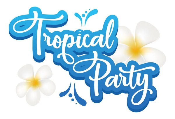 Plantilla de vector de póster plano de fiesta tropical. Festival cultural asiático. Banner, página del folleto, diseño del folleto con texto. Pegatina con letras caligráficas y plumeria — Archivo Imágenes Vectoriales