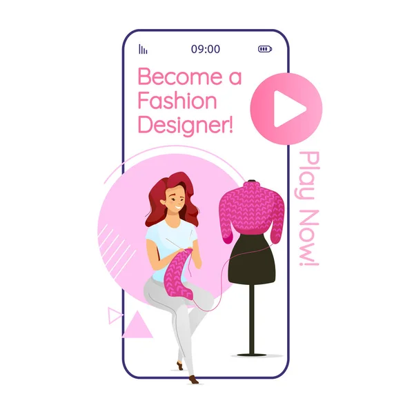 Become fashion designer cartoon smartphone vector app screen. Woman knitting sweater. Dressmaker. Mobile phone displays with flat character design mockup. Application telephone cute interface — Stock Vector