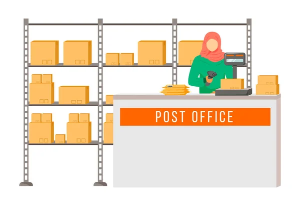 Post office female worker with hijab flat color vector illustration. Woman checks and scans packages. Post service delivery. Parcels collection point isolated cartoon character on white background — 스톡 벡터