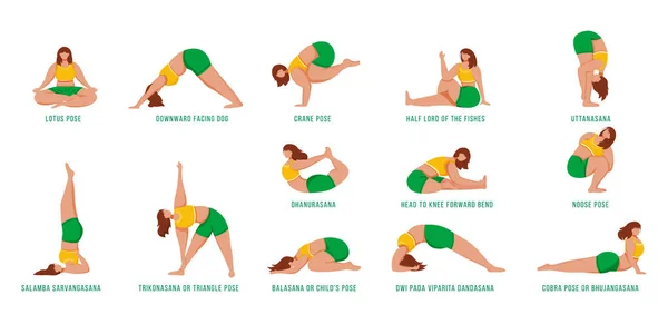 Yoga apresenta conjunto de ilustrações vetoriais planas. Mulheres brancas fazendo asanas de ioga em sportswear amarelo e verde. Figuras femininas fazendo exercícios físicos. Treino, fitness. Personagem de desenho animado isolado — Vetor de Stock