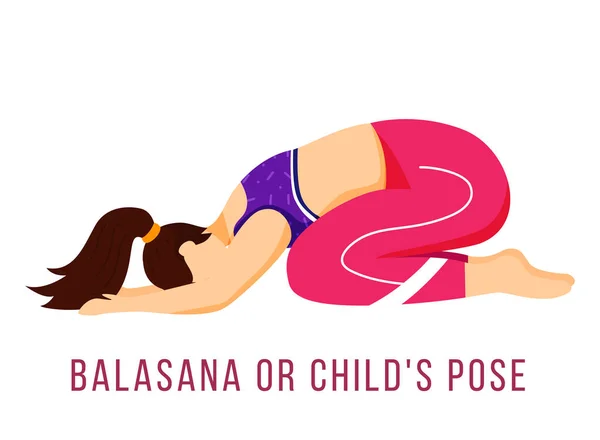 Balasana flat vector illustration. Childs pose. Caucausian woman performing yoga posture in pink and purple sportswear. Workout. Physical exercise. Isolated cartoon character on white background — 스톡 벡터