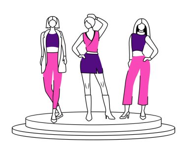 Moda podyumundaki kızlar düz hatlı vektör çizimi. Mankenler yeni trendler, kıyafetler ve aksesuarlar sergiliyor. Beyaz arkaplanda izole edilmiş yeni bir çizgi film karakteri. Basit çizim