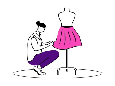Moda tasarımcısı atölye düz hatlı vektör çizimi. Atölyede özel etekler yaratmak. Giysiler tasarlamak, dikmek beyaz arka planda izole edilmiş çizgi film karakterleri. Basit çizim