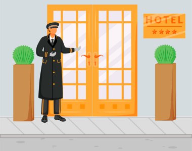 Doorman in uniform flat vector illustration. Doorkeeper in hat and coat standing near entrance. Concierge on street welcoming guests. Hospitality service. Hotel staff cartoon character clipart