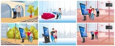 Modern self servis kioskları düz renk vektör çizimleri ayarlandı. İnsanlar interaktif bilgi panoları kullanarak çizgi film karakterleri kullanıyorlar. Ticari dijital paneller, dokunmatik ekranlı yenilikçi terminaller