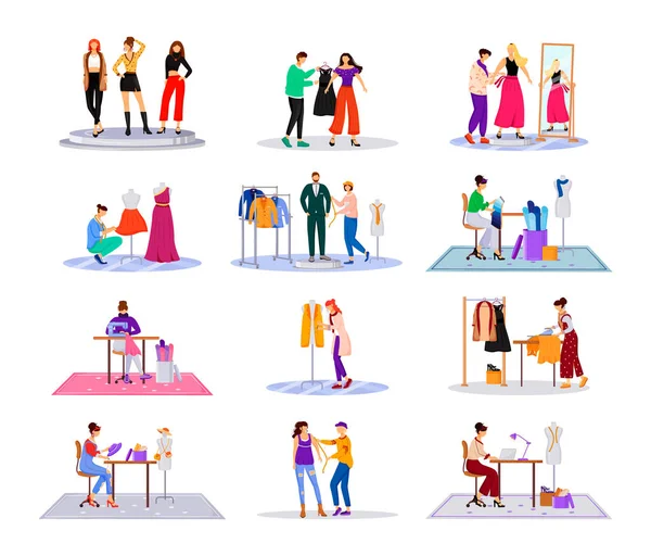 Fashion designer in atelier flat color vector illustrations set. Creating stylish clothes. Runway models outfits. Designing new collection in studio isolated cartoon characters on white background — Stock Vector