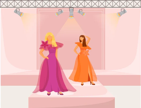 Fashion runway girls flat color vector illustration. Models demonstrate new trends, clothes and accessories. New collection catwalk females isolated cartoon character on pink background — 스톡 벡터