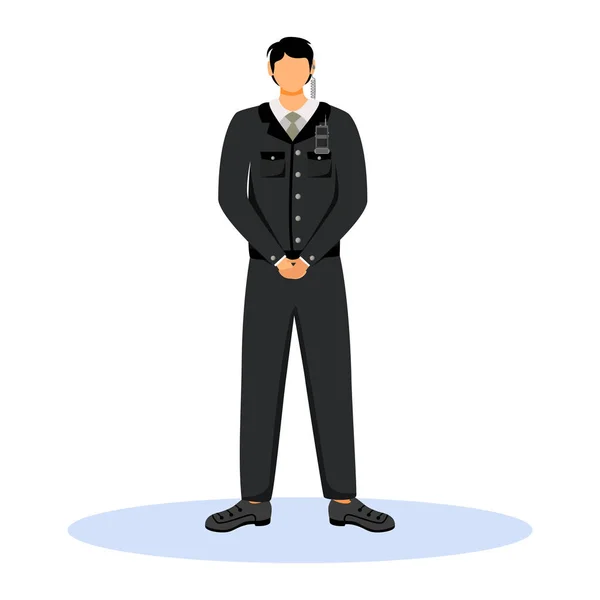 Φύλακας ασφαλείας επίπεδη έγχρωμη διανυσματική απεικόνιση. Προσωπικό του ξενοδοχείου φορώντας στολή στέκεται με σφιγμένα χέρια. Σωματοφύλακας με ραδιοεπικοινωνία. Bouncer απομονωμένος χαρακτήρας κινουμένων σχεδίων σε λευκό φόντο — Διανυσματικό Αρχείο