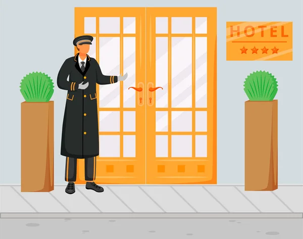 Doorman in uniform flat vector illustration. Doorkeeper in hat and coat standing near entrance. Concierge on street welcoming guests. Hospitality service. Hotel staff cartoon character — 스톡 벡터