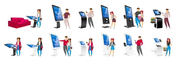 People using self order kiosks flat color vector faceless characters set. Interactive machine users isolated cartoon illustrations on white background. Electronic eqipment and touchscreen counters