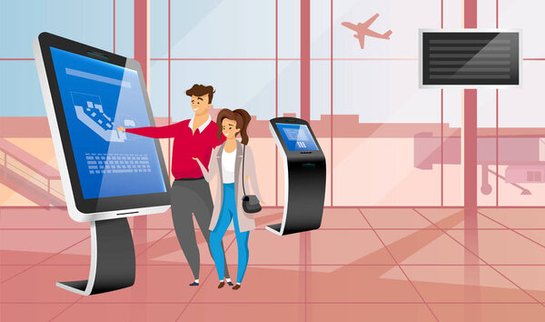 Smiling couple with airport self service kiosk flat color vector illustration. Tourists faceless cartoon characters during airline check in. People using interactive touchscreen panel