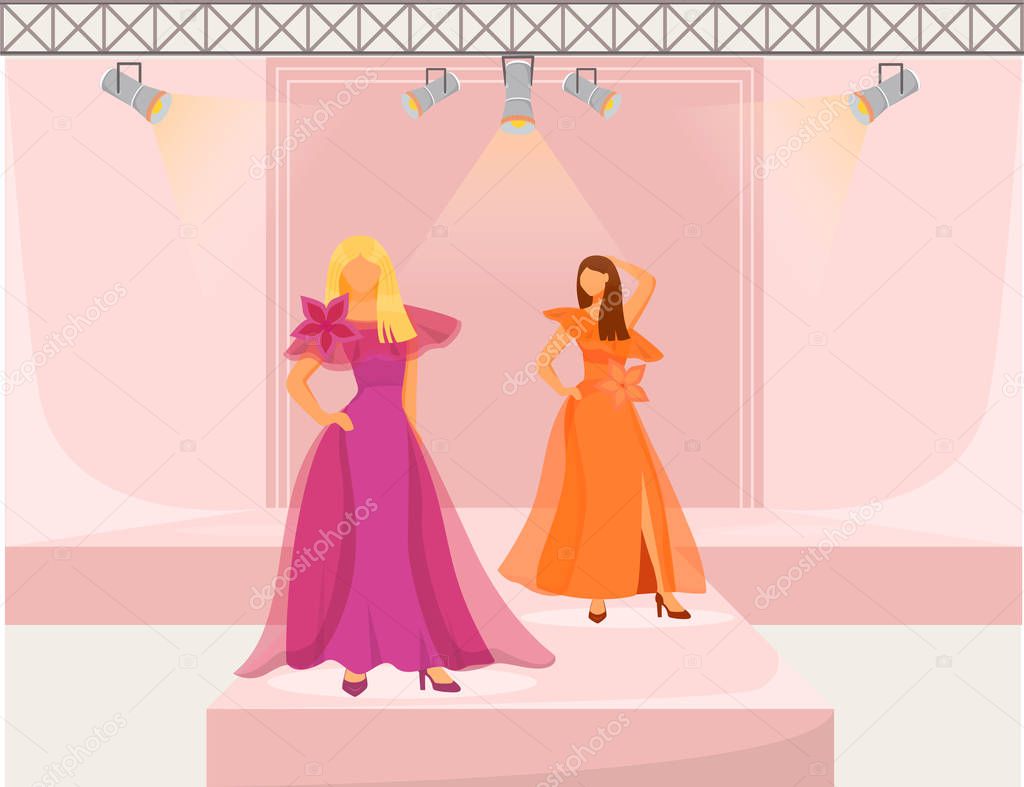Fashion runway girls flat color vector illustration. Models demonstrate new trends, clothes and accessories. New collection catwalk females isolated cartoon character on pink background