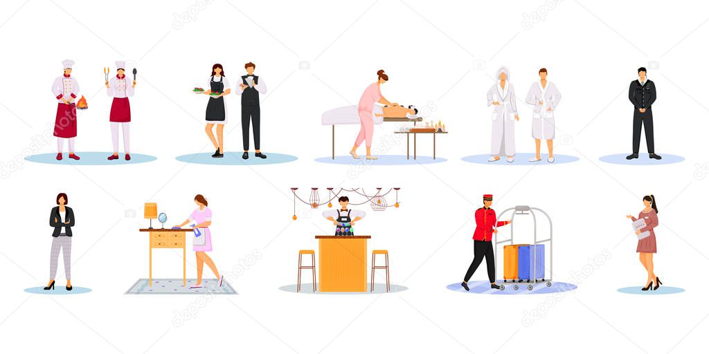 Hotel staff flat vector illustrations set. Cleaning service, housekeepers, security guard. Chefs, waiters, administration managers. Inn employees isolated cartoon characters on white background