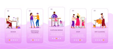 Moda tasarımcıları mobil uygulama ekran düz vektör şablonunda. Özel terzilik. Giysi tamiri. Karakterli web sitesi adımları. Ux, Ui, Gui akıllı telefon arayüzü, dava izleri ayarlandı