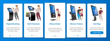 Mobil uygulamalı dijital bankacılık düz ekran vektör şablonu. Kişisel sipariş kiosk gezinme web sitesi adımları karakterlerle. Çevrimiçi ödeme sistemi Ux, Ui, Gui akıllı telefon çizgi film arayüzü