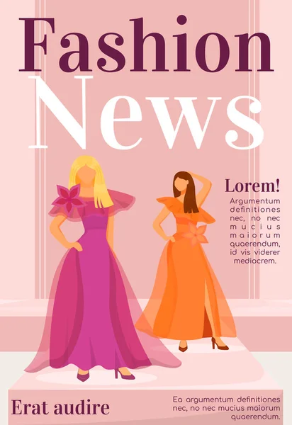 Titelvorlage eines Mode-Nachrichtenmagazins. Designerkleidung. Zeitschriftenmockup Design. Vektorseitenlayout mit flachem Charakter. Runway Models Outfits Werbung Cartoon-Illustration mit Textfläche — Stockvektor