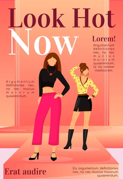 Fashion news magazine cover template. Runway models outfits. Trendy clothes. Journal mockup design. Vector page layout with flat character. Style guide advertising cartoon illustration with text space — Stock Vector