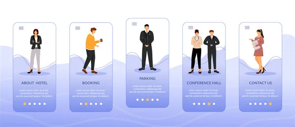 Hébergement à l'hôtel onboarding mobile app screen vector template. Étapes du site Web avec des caractères plats. Salle de conférence, parking, réservation. UX, UI, interface graphique smartphone concept d'interface de dessin animé — Image vectorielle