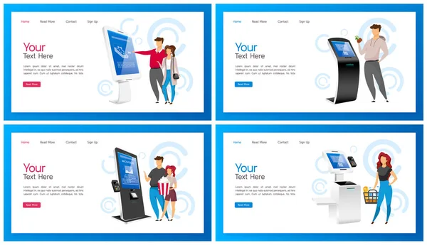 Betalningsterminal landningssida vektor mall set. Interaktiv självbetjäning kiosk webbplats gränssnitt idé med platta illustrationer. Fristående internet konstruktion hemsida layout — Stock vektor