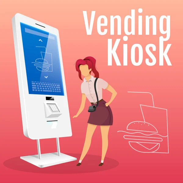 Vending kiosk social media post mockup. Woman ordering food. Self order service web banner design template. Fastfood selling machine content layout with inscription. Print ads and flat illustration — 스톡 벡터