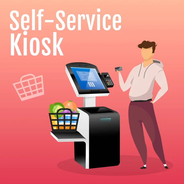 Self service chiosco social media post mockup. Memorizza il modello di design del banner web della macchina di pagamento. Shopping online contro booster, layout dei contenuti. Manifesto interattivo di costruzione indipendente — Vettoriale Stock