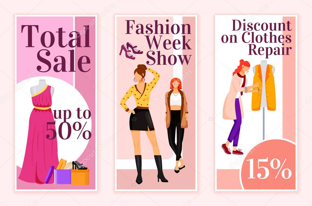 Moda venta total volantes planos vector plantillas conjunto