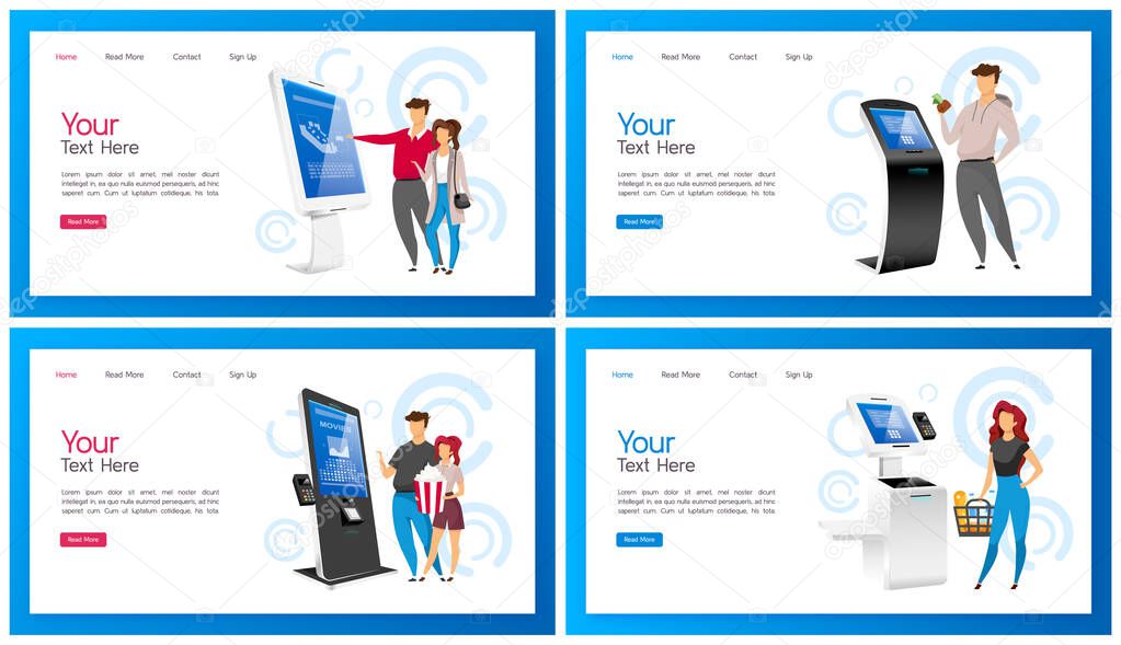 Payment terminal landing page vector template set. Interactive self service kiosk website interface idea with flat illustrations. Freestanding internet construction homepage layout