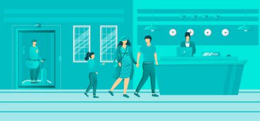 Lobi düz vektör illüstrasyonunda otel konukları. Resepsiyonda çocuklu bir aile. Konukseverlik hizmeti, kayıt işlemleri. Resepsiyondaki kadın resepsiyonist. Turistler çizgi film karakterleri