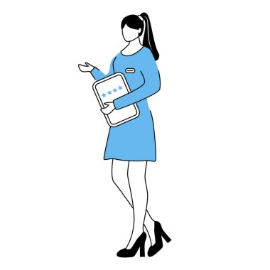 Resort yöneticisi düz vektör çizimi. Sıralama yıldızlı pano taşıyan bir kadın. Servis çalışanları, konukseverlik çalışanları. Beyaz üzerine ana hatlarıyla otel yöneticisi çizgi film karakteri