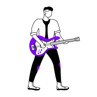 Gitarist düz hatlı vektör çizimi. Gitarist. Müzisyen. Müzik grubu üyesi. Sallan ve yuvarlan. Müzik aleti olan bir adam. Konser. İzole edilmiş çizgi film karakteri beyaz üzerine. Basit çizim