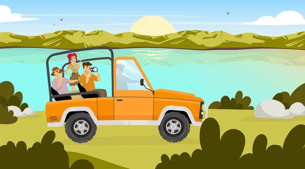 Journey flat vector illustration. People traveling in car through valley. Sunrise on river stream on background. Field landscape. Expedition to Amazonia. Tourist group cartoon characters — 스톡 벡터