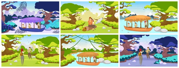 Expedición a la selva ilustración vectorial plana. Los turistas viajan al bosque tropical. Pareja sentada en el tronco. Los excursionistas observan paisajes panorámicos. Grupo en barco en el río. Personajes de dibujos animados femeninos y masculinos — Archivo Imágenes Vectoriales