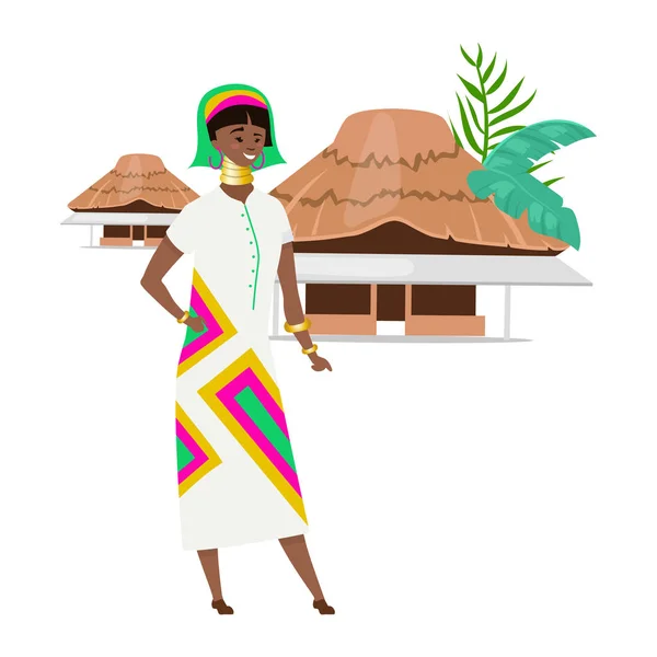 African native flat color vector illustration. Nigerian female in ethnic clothes and jewelry. Aborigen with tribal homes. Woman of color isolated cartoon character on white background — Stock Vector