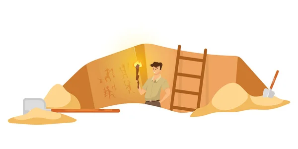 Excavation flat vector illustration. Male researcher on archeological site, man observe mural paintings. Egyptian wall pictures discovery. Ground hole in Africa. Expedition cartoon background — 스톡 벡터