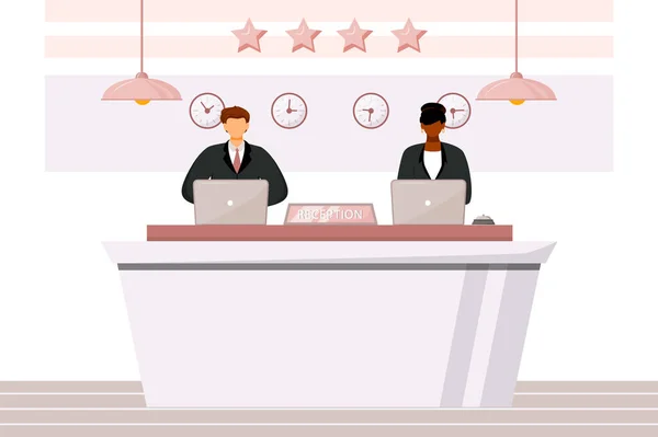 Receptionists at front desk flat color vector illustration. Multicultural hotel staff. Guest registration area, lobby. Reception workers isolated cartoon characters on white background — Stock Vector