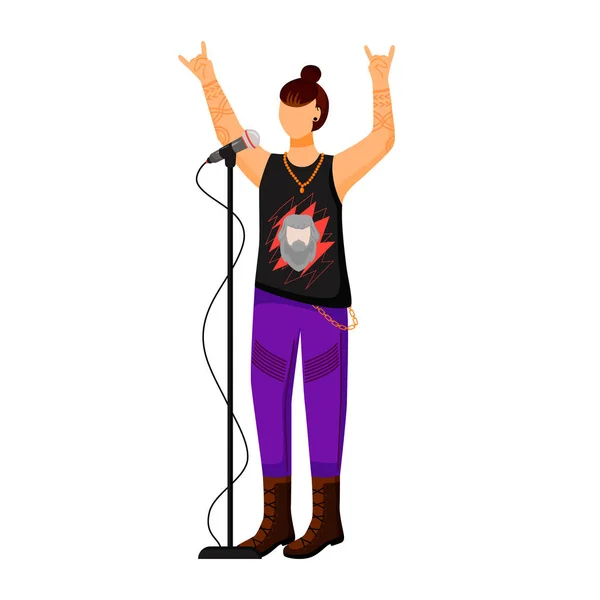 Rock band singer flat color vector illustration (em inglês). Vocalista principal. Frontman. Músicos. Membro do grupo musical. Pessoa com microfone. Concerto, festival. Personagem de desenho animado isolado no fundo branco —  Vetores de Stock