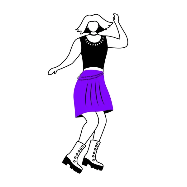 Dansende punk meisje platte contour vector illustratie. Vrouwelijk karakter op de dansvloer in de nachtclub. Vrouw bij rockconcert. Fangirl op optreden. Geïsoleerde cartoon outline karakter op wit. Eenvoudige tekening — Stockvector