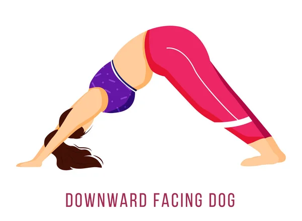 Ilustración de vector plano de perro orientado hacia abajo. Adho Mukha Shvanasana. Mujer caucásica realizando postura de yoga en ropa deportiva rosa y púrpura. Entrenamiento. Personaje de dibujos animados aislados sobre fondo blanco — Vector de stock